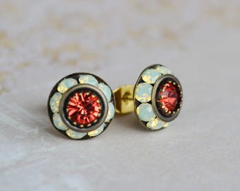 Art Deco Stud Earrings, Chrysolite and Padparadscha Crystal