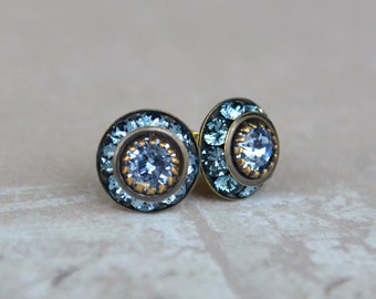 Art Deco Stud Earrings, Denim  Blue Stud Earrings, Sapphire Blue Stud Earrings, Crystal Stud Earrings