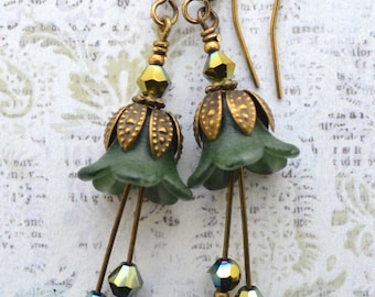 Art Nouveau Handmade Vintage Style Forest Green Woodland Flower Earrings