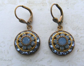 Art Deco Style Brass Blue Opal & Light Sapphire Crystal Drop Earrings