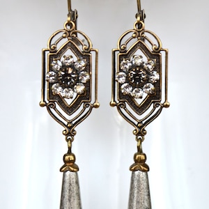 Victorian Edwardian Art Nouveau Art Deco Earrings, Black Diamond & Silver Crystal Drop Earrings Antiqued Gold Earrings