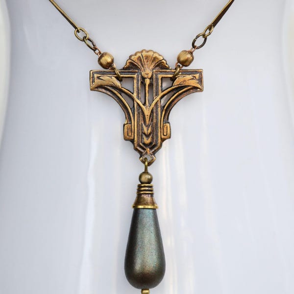 Art Deco Antiqued Brass Necklace, Iridescent Green Glass Drop