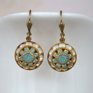 Art Deco Style Brass Pacific Green and Opal Crystal Drop Earrings