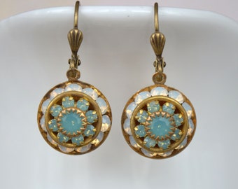 Art Deco Style Brass Pacific Green and Opal Crystal Drop Earrings