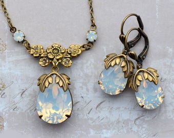 Ar Nouveau White Opal Crystal Bridal Necklace & Earring Set, Antiqued Brass