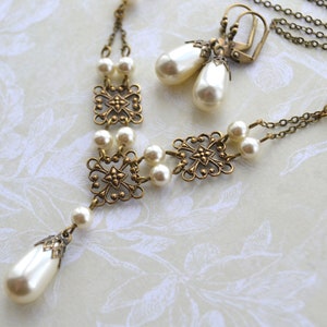 Tudor Style Antiqued Brass Filigree Crystal Pearl Drop Bridal Necklace and Earring Set