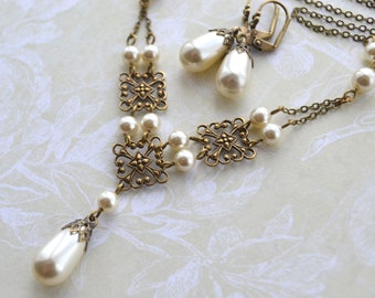 Tudor Style Antiqued Brass Filigree Crystal Pearl Drop Bridal Necklace and Earring Set