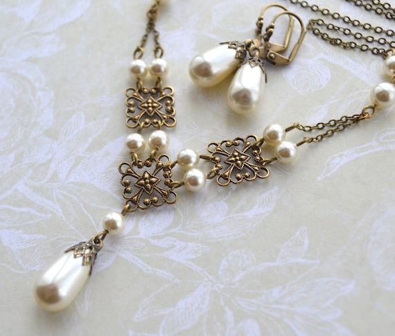 Tudor Style Antiqued Brass Filigree Crystal Pearl Drop Bridal Necklace and Earring Set