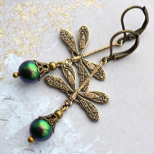 Art Nouveau Dragonfly Earrings, Scarabaeus Green Crystal Pearls
