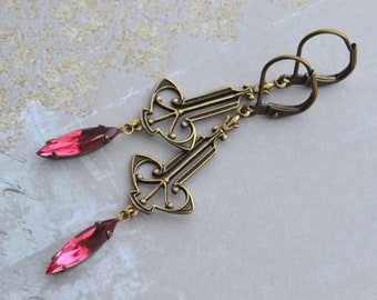 Art Deco Art Nouveau Antiqued Gold Brass Earrings, Rose Pink Glass Navette Drop Earrings