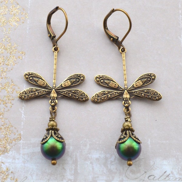 Art Nouveau Dragonfly Earrings, Iridescent Green Earrings, Crystal Pearl Dragonfly Earrings