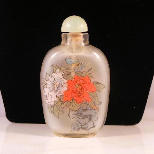 Chinese Reverse Painted Snuff Bottle Frosted Thick Glass Hand Painted Bottle Stopper Has Snuff Scoop Great Collectible