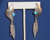 Navajo Sterling Silver Turquoise Earrings Shadowbox Design with Bright Blue Turquoise Two Dangle Feathers Southwestern Jewelry