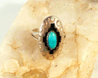 Sterling Silver Turquoise Ring Shadowbox Design Handmade by Navajo Artist Donovan Skeets- Ring Size 9 - Unisex Ring