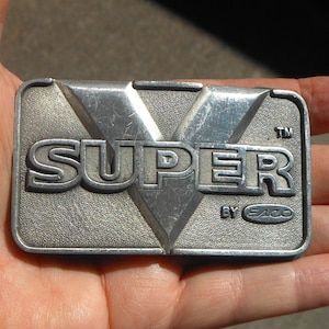 Heavy Pewter Belt Buckle Showing a Big SUPER and V and by Esco - Made in Australia by Buckingham Pewter - Great For &quot;SUPER&quot; Guy
