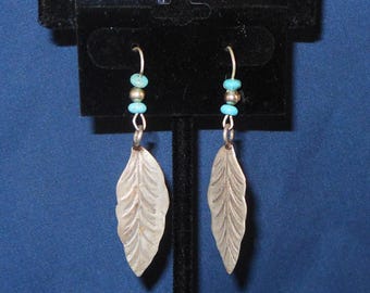Sterling Silver Long Dangle Earrings With Dangling Feathers Accented with Turquoise Beads On Hangtag - Southwestern Jewelry