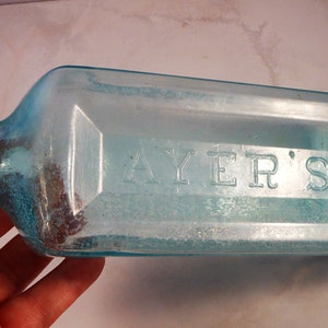 Antique Ayer&#39;s Sarsaparilla Bottle - Aqua Colored Embossed Glass 8 3/8&quot; Tall - From Late 1800&#39;s - Very Collectible