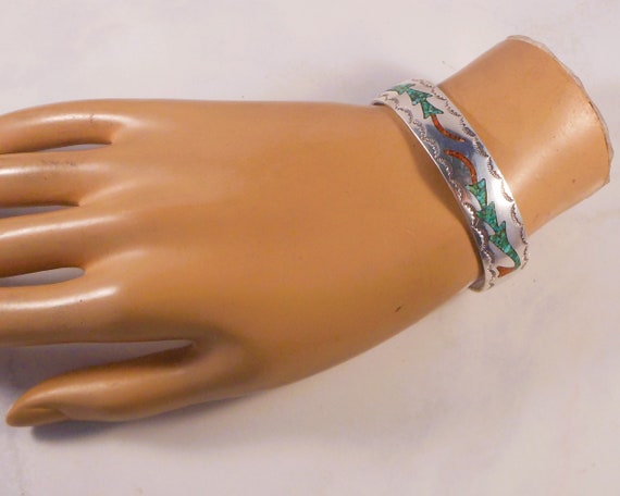 Sterling Silver Cuff Bracelet With Turquoise & Co… - image 2