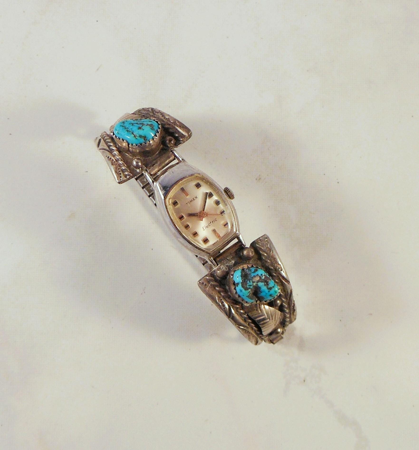 Sterling Silver Turquoise Coral Timex Watch 7in Stretch Band Southwestern Turquoise Timex - Etsy main image 3