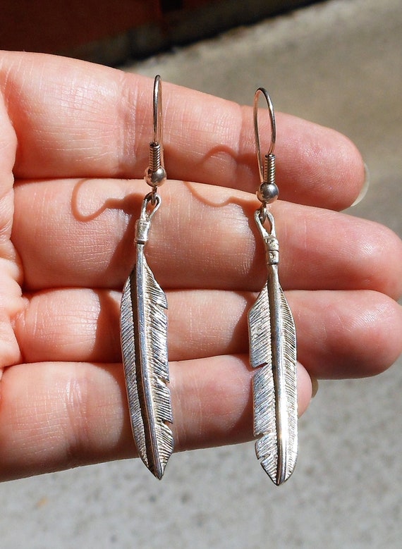 Sterling Silver Long Dangle Earrings With Feather… - image 3