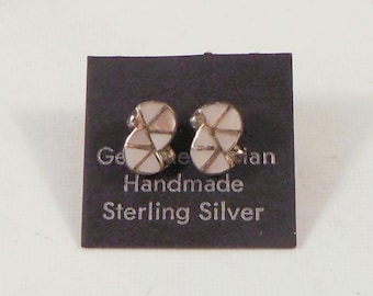 Native American Handmade Sterling Silver Stud Earrings with Inlaid Pieces of Mother of Pearl - Small Stud Earrings - Southwestern Jewelry