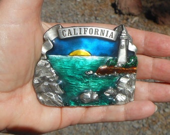 Colorful CALIFORNIA Pewter Belt Buckle - Coastal Scene Colored With Enamel Made by Bergamot - Great Gift for Him