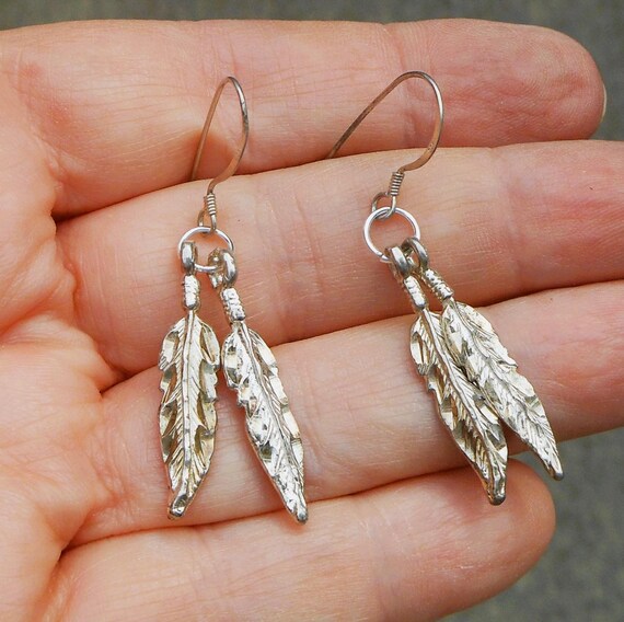 Sterling Silver Double Feather Dangle Earrings - … - image 2