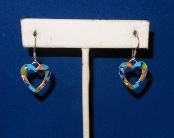 Zuni Handmade Sterling Silver Heart Inlay Dangle Earrings - Colorful Earrings - Artist Signed, Expert Workmanship - Southwestern Jewelry