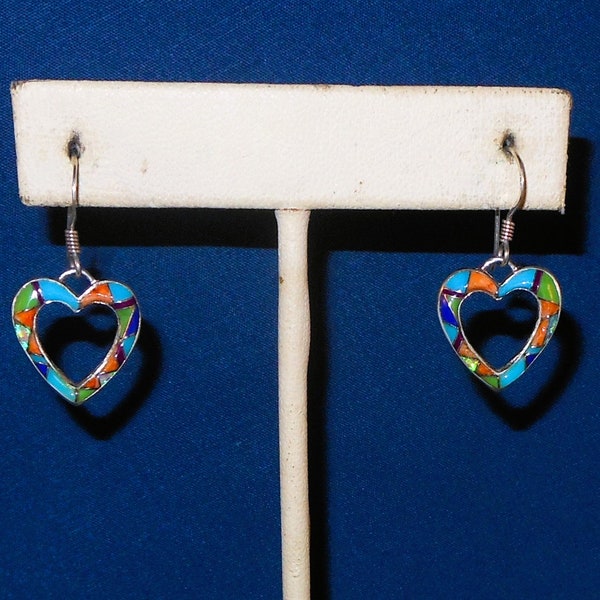 Zuni Handmade Sterling Silver Heart Inlay Dangle Earrings - Colorful Earrings - Artist Signed, Expert Workmanship - Southwestern Jewelry