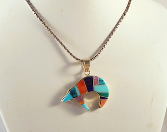 Zuni Handmade Sterling Silver Spirit Bear Pendant With SS Chain - Outstanding Inlay Work Artist Signed Along With TSF (Touch of Santa Fe)