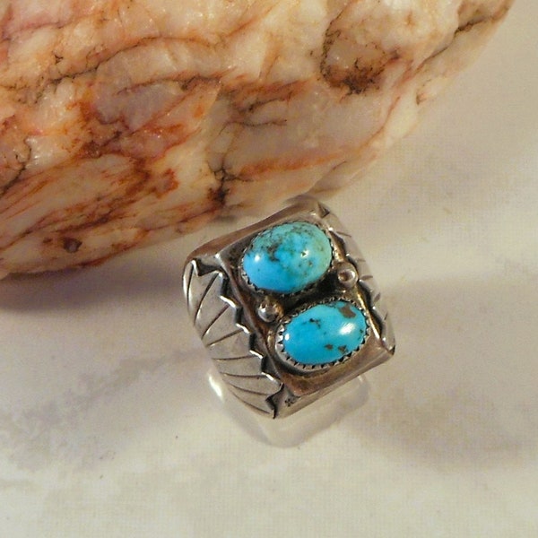 Native American Handmade Ring Heavy Sterling Silver Double Turquoise With Applique Work US Ring Size 9 1/4 Southwestern Jewelry