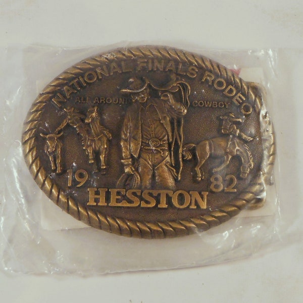 Belt Buckle Hesston Rodeo 1982 National Finals Rodeo All Around Cowboy In Original Packaging With Papers New Old Stock