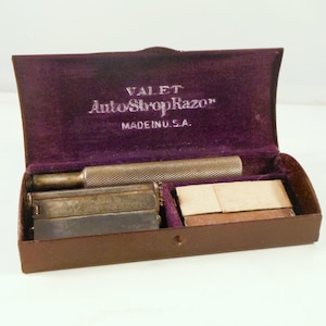 Valet Auto Strop Razor Travel Kit Complete With Razor in 2 Pieces and Extra Blades - Single Edge Shaving Razor - Container Has Advertising
