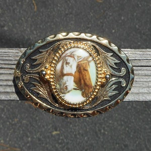 Decorative Belt Buckle With Print of 2 Horses - Larger Buckle For Him - Western Buckle