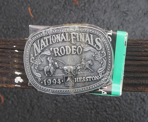1994 Hesston Rodeo Belt Buckle Miniature or Junior Size National Finals Rodeo Buckles - NOS Still in Wrapper With Information Sheet