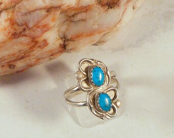 Native American Handmade Nickel Silver Double Turquoise Ring Size 9 1/2  - Nice Turquoise With Hints of Black Matrix - Southwestern Jewelry