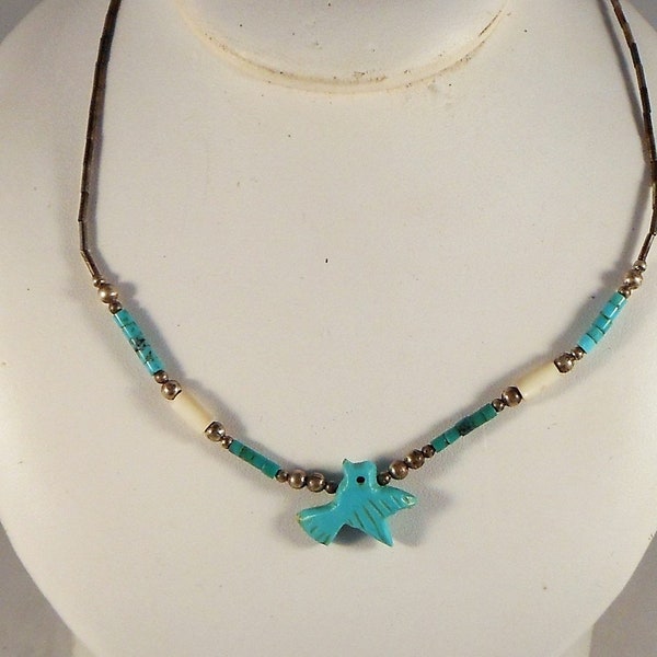 Traditional Southwest Necklace "Liquid Silver" Beads With Turquoise Carved Bird Sterling Beads & Clasp Handcrafted Southwestern Jewelry