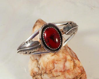 Sterling Silver Cuff Bracelet With Faux Red Agate Made in Native American Style For a Somewhat Smaller Wrist - Southwestern Jewelry