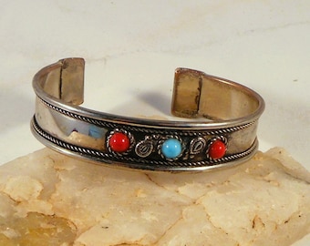 Silver Tone Cuff Bracelet With Faux Stones - Trading Post Tourist Jewelry