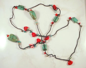 Unique Long Necklace or Belt with Turquoise & Faux Coral - Tie Where You Want It