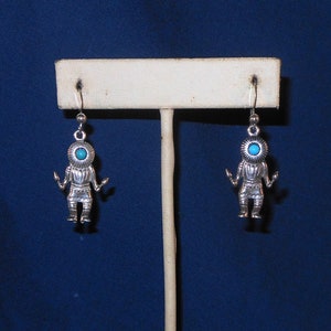 Sterling Silver Dangle Earrings Showing Kachina Dancer With Turquoise Accents - Southwestern Jewelry