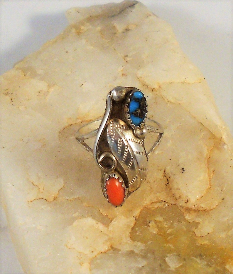 Southwestern Jewelry Ring Size 6 12 Navajo Handmade Ring Sterling Silver Turquoise /& Coral Signed AMC