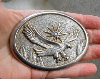 Silver Tone Eagle Belt Buckle - Eagle in Flight with Sun in Background - Great Gift For Him