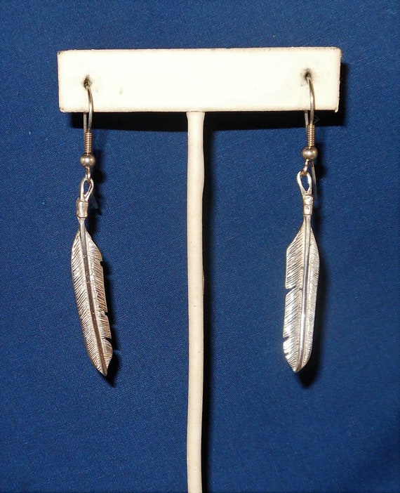Sterling Silver Long Dangle Earrings With Feather… - image 1