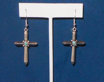 Silver Tone Longer Cross Earrings With Sterling Silver Ear Wires Accented With Faux Turquoise