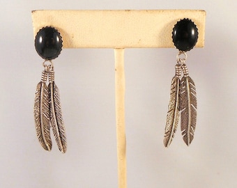 Sterling Silver Onyx Stud Earrings With Two Dangling Feathers - Native America Style - Southwestern Jewelry Gift For Her
