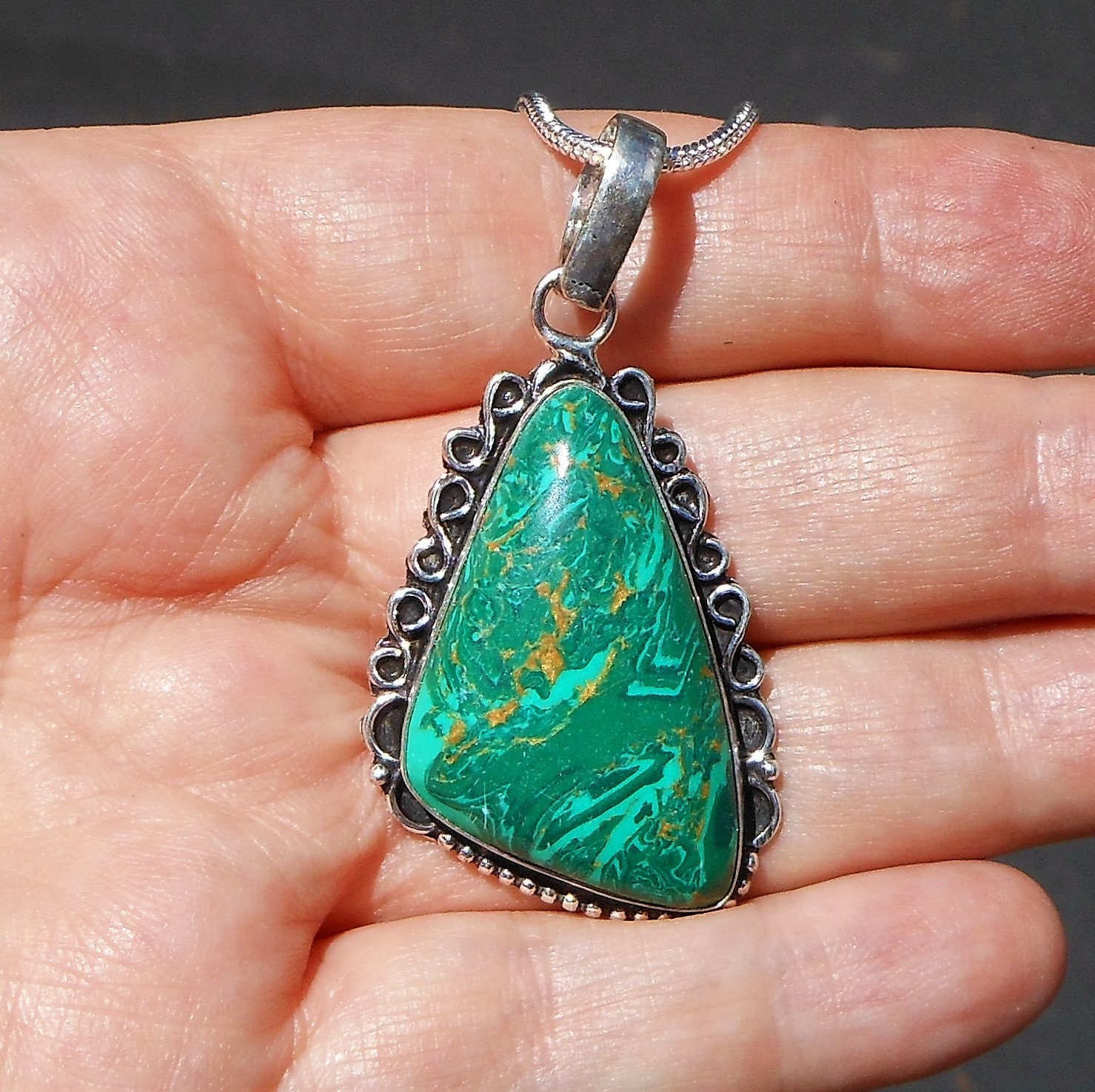 Pendentif Maya En Malachite Et Argent Sterling - Bijou Ethnique Du Pérou, Occasion