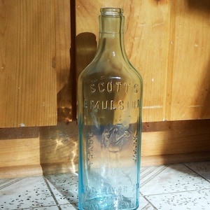 Vintage Bottle Scott&#39;s Emulsion Cod Live Oil With Lime & Soda - Aqua Colored Embossed Glass 9 1/4&quot; Tall - From 1920&#39;s - Very Collectible