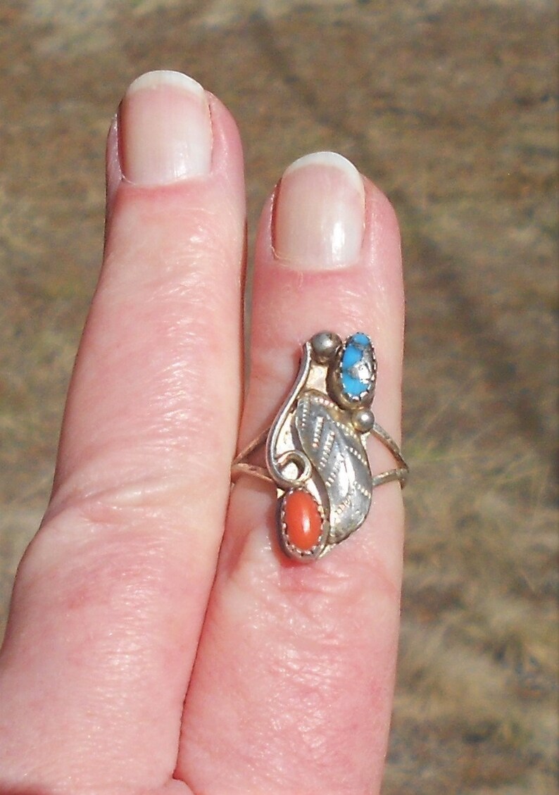 Southwestern Jewelry Ring Size 6 12 Navajo Handmade Ring Sterling Silver Turquoise /& Coral Signed AMC