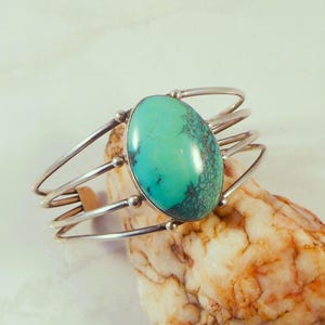Rare Sterling Silver Cuff Bracelet Crafted by Navajo Artist R. J. Apacheto With Beautiful Piece of Number 8 Turquoise With Spiderweb Matrix